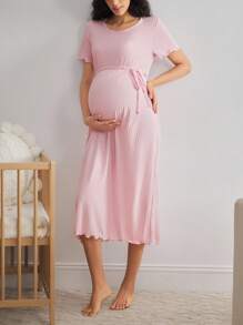 Moonlight&Mama Comfortable Striped Elastic Drawstring Short Sleeve Nightgown, Maternity Loungewear - Pink - View 1