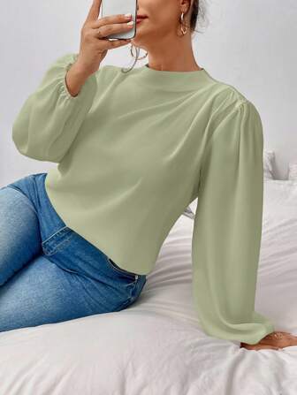 SHEIN Privé Plusstorlek Dam Elegant Pendling Kontors Mångsidig Stand Collar Rynkad Axel Långärmad Blus, Höst/Vinter