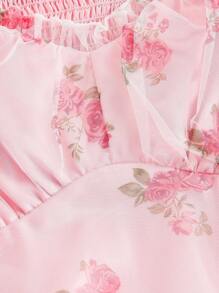 SHEIN MOD Große Größen Rosa Blumen Mesh Muster Schleife Akzent Langarm Party Kleid, romantischer Look, Geburtstagskleider, elegante Kleider für Partys, Geburtstagskleider für Frauen, Party