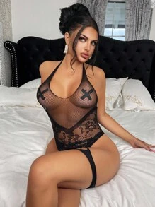 SHEIN Body sin mangas negro clásico con diseño de encaje transparente, body transparente de red exótica sin entrepierna, para salir