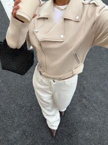 SHEIN EZwear Chaqueta corta casual con cremallera y cuello para mujer - Albaricoque - Ver 5