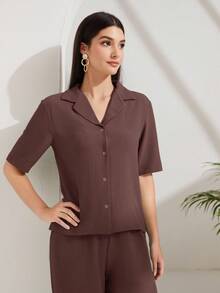 Lacomfia Lapel Neck Button Front Blouse & Wide Leg Pants 2 Pieces Set - Red Violet - View 4