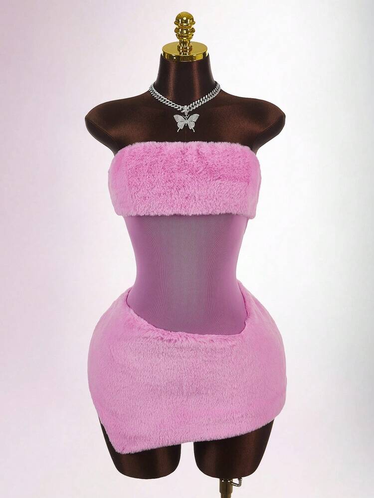 Amplova Sexy Mesh Patchwork Mini Dress For Women Pink Tube Top Dress Mesh Stitching See-Through Dress,Party Dress - Pink - View 3