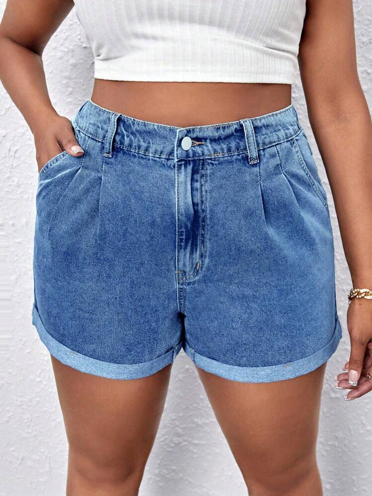 SHEIN SXY Plus Size Women's Pocketed Pleated Loose Casual Versatile Denim Shorts - Light Wash - View 1