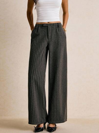 Poéselle Women's Trousers, Woven Woolen Trousers, Brown Striped Trousers With Pockets, Women's Straight Trousers, Casual Women's Striped Print Casual Pants Women's Pants Fall For Women Autumn Autumn For Women Winter For Women New Year Women's Going Out