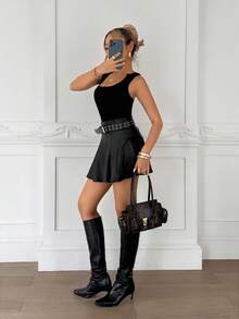 SHEIN Teen Girl High Waist PU Leather Skirt, Sports 2 In 1 Skirt, Versatile Casual Anti-Exposure Shorts Skirt With Lining Black Mini Skirt Teen Girl Skirt Cute Skirt Leather Skirt Outfit