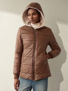 Aveloria Modichic Abrigo acolchado con capucha con cremallera y estampado de cuadros sencillo, ropa de invierno casual y versátil - Café integral - Ver 6