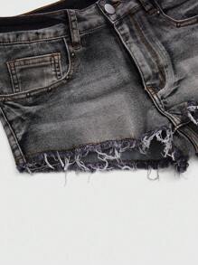 ROMWE J-Fashion Quần short denim nữ thêu họa tiết phong cách Punk Y2K cạp thấp siêu ngắn có khóa kéo và túi đinh tán - màu đen - Xem 3