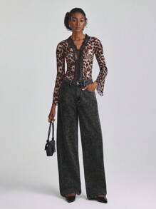 SHEIN Essnce 女式休闲宽松口袋牛仔阔腿牛仔裤 - 黑色 - 查看 6