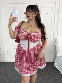 SHEIN EZwear 加大码格子拼接蝴蝶结装饰露肩束腰夏季连衣裙，连衣裙 - 彩色 - 查看 2