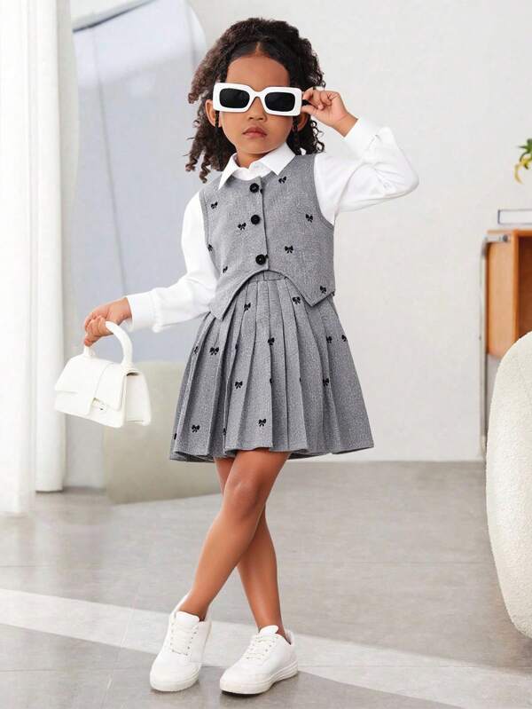 3pcs/Set Toddler Girls Collared Long Sleeve Button-Up Shirt, Bow Print Vest, And Pleated Hem Skirt Set, Chic Elegant School/Casual Outfit, Suitable For Spring, Autumn