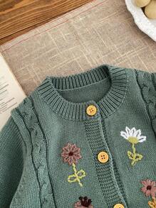 LMoss Kids 女婴花卉图案长袖单排扣针织开衫 - 綠色 - 查看 5