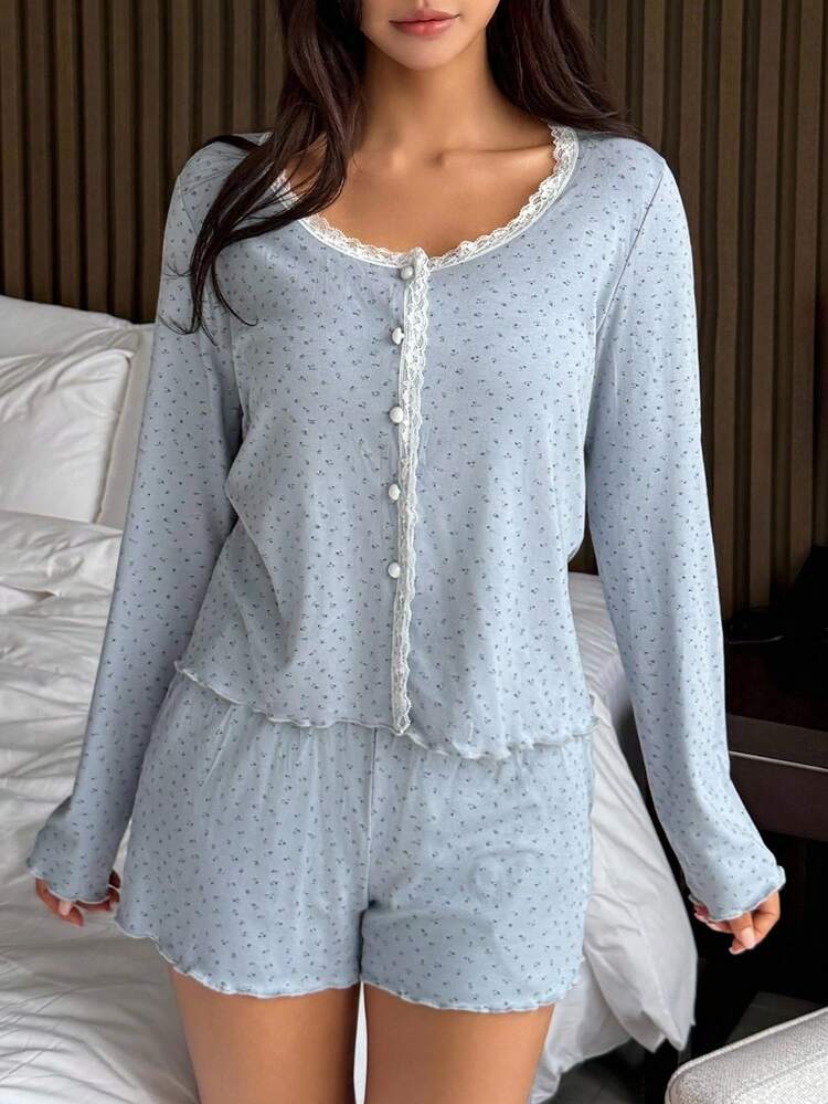 3pcs Solid Color Cami Top, Ditsy Floral Button Placket Top & Shorts Women Pajama Set, Fall Winter Clothes