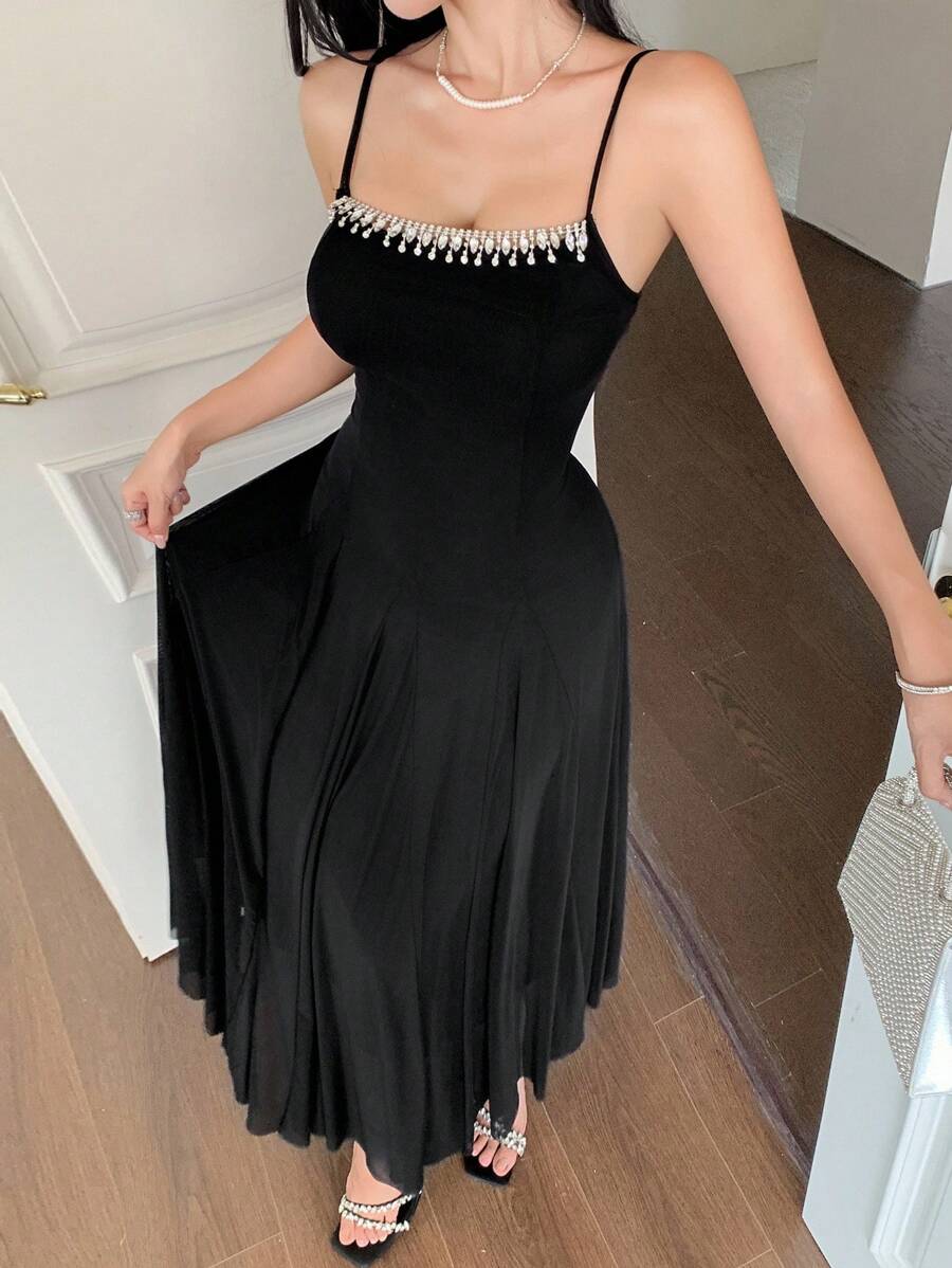 DAZY 女士优雅黑色吊带连衣裙 夏季女装连衣裙 - 黑色 - 查看 1