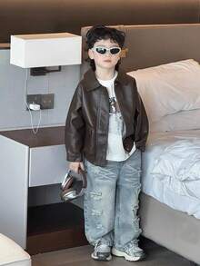 SHEIN Kids/Young Boy Casual Everyday Versatile Comfortable PU Collar Patch Pocket Loose Woven Thick Motorcycle Jacket, Suitable For School, Garden, Beach, Birthday, Spring, Summer, Fall, Winter - Bronze - View 3