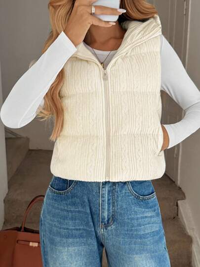 Easowa Zipper Front Hooded Textured Sleeveless Jacket, Casual Loose Commuter Vintage Style Padded Coat For Women Puffer Vest Cable Knit Vest Hooded Vest In Fall/Winter