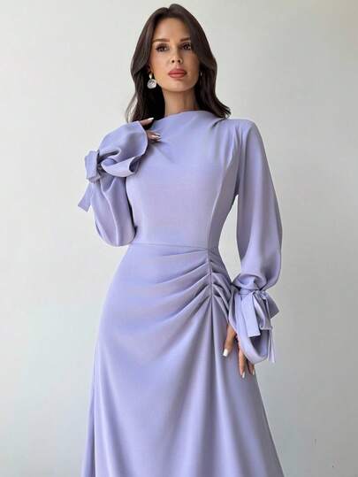 Firerie Women's Elegant Casual Daily Wear Long Slit Sleeve Dress With Waist Ruching Design, Purple, Suitable For Autumn/Winter, Parties, Formal Occasions, And Award Ceremonies,Fall Clothes For Women,Elegant Dresses For Party,Graduation Dress, Casual Dresses For Women,Purple Dress,Wedding Guest Dress Women