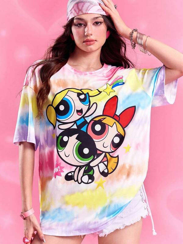 THE POWERPUFF GIRLS X SHEIN Women's Tie-Dye & Blossom, Bubbles, Buttercup Pattern Short Sleeve T-Shirt