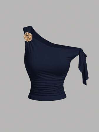 SHEIN MOD Débardeur asymétrique pour femmes avec décoration florale 3D en métal de couleur unie