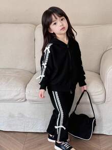 SHEIN 2pcs Young Girl Set: Hooded Sweatshirt With Ribbon & Bow Detail, And Sport Pants, Casual Cute Korean Style Young Girl Girls' Round Neck Knitted Sweaters Set, Fall Back To School Clothes Fall Clothes For Kids Winter Clothes - Black - View 1