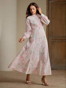 Anewsta 全新优雅花卉刺绣撞色蕾丝花边长袖收腰超长连衣裙，适合春季、度假、海滩、休闲 - 彩色 - 查看 4