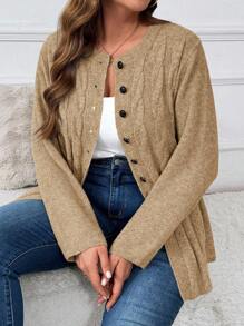 Plus Size Solid Color Round Neck Long Sleeve Single-Breasted Casual Knit Cardigan Winter Fall Autumn - Brown - View 3