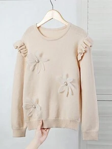 SHEIN كنزة صوفية للبنات المراهقات بتصميم زهور ثلاثية الأبعاد جديدة مع ديكور رقيق وتفاصيل رقعة وحافة مكشكشة، مناسبة للخروجات والحفلات والعودة إلى المدرسة - بيج - مشاهدة 5