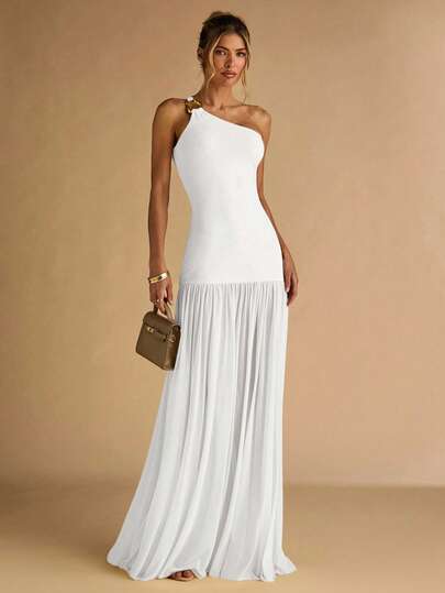 SHEIN BAE Women's Apricot Asymmetric Shoulder Metal Buckle Decor Bodycon Dress With Sheer Hem, Elegant,Fall Wedding Guest Dress