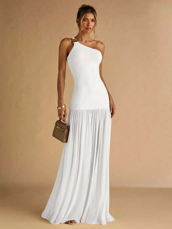 SHEIN BAE Women's Apricot Asymmetric Shoulder Metal Buckle Decor Bodycon Dress With Sheer Hem, Elegant,Fall Wedding Guest Dress