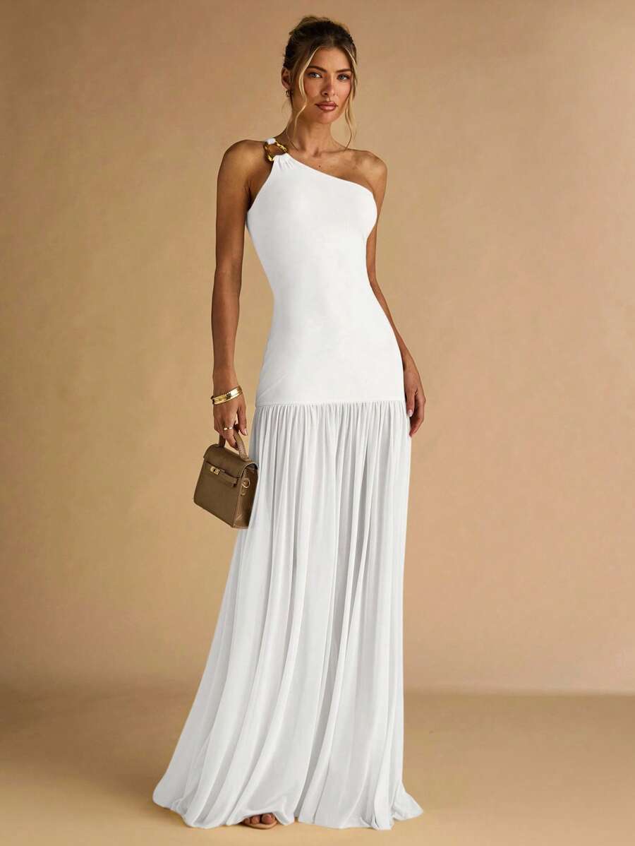 SHEIN BAE 女士杏色不对称肩部金属扣装饰紧身连衣裙，透明下摆，优雅 - 白色 - 查看 1