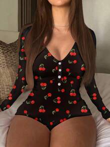 SHEIN SXY Damen lässiger Kirschblüten-Muster V-Ausschnitt Jumpsuit, figurbetonend mit Langarm, für Frühling/Herbst - Schwarz - Übersicht 1