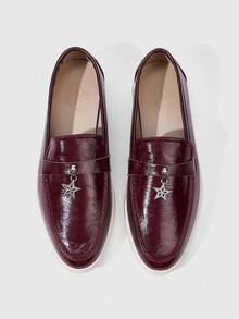 Sleekvia Sapatos femininos de bico fino com decoração em estrela de metal e salto baixo - Borgonha - Ver 7