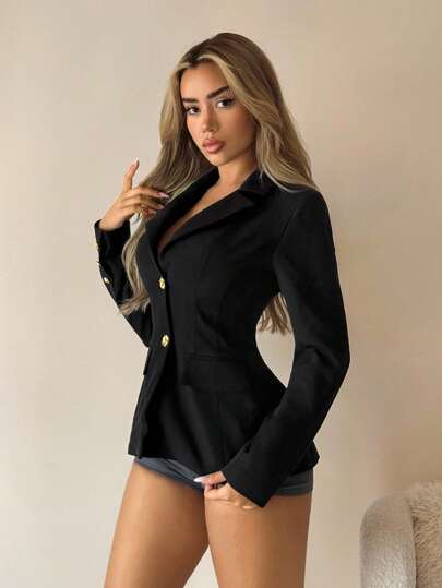 SHEIN ICON Sexy Y2K Style Deep V-Neck Metal Button Waist Blazer