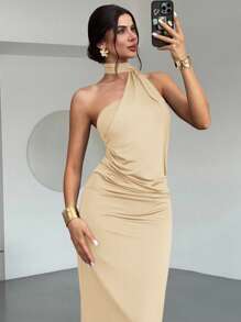 Firerie 女式摩卡棕色不对称喇叭袖宽松连衣裙，时尚长裙，春夏服装，适合通勤、优雅、性感、度假、海滩、波西米亚、夏威夷、音乐节、派对、工作装 - 卡其色 - 查看 5