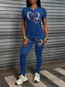 INAWLY Ladies' Heart Print Short Sleeve T-Shirt And Pants Set - Blue - View 3