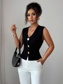 Franclia Women's Casual Solid Color Shoulder Fitted Metal Button Sleeveless Knit Vest, Autumn/WinterWomen's Autumn Clothingautumn Fall Clothes For Women Fall Autumn Clothes Fall Outfits For Women Autumn Outfits For Women Fall Clothes Autumn Women  Fall Women Clothes Autumn Clothing Elegant Fashionable Casual Commuting Business Office Daily Leisure All-Match Temperament Urban Teacher Professional Attire