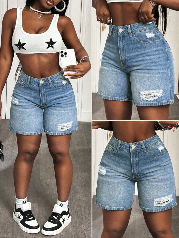 SHEIN SXY Plus Size Women Distressed Denim Skinny Fashionable Sexy Shorts