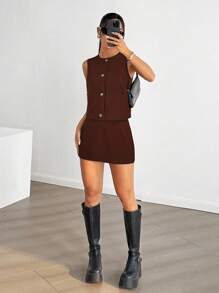 SHEIN EZwear 女士咖啡棕色单排扣背心和裙子休闲两件套 - 咖啡棕 - 查看 4