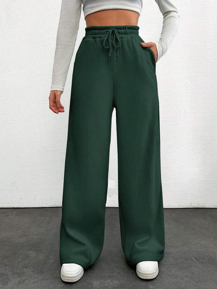 SHEIN Cottnline Women's Solid Color Drawstring Waist Cargo Pants - Dark Green - View 1