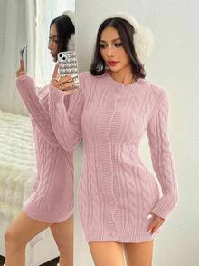 EURMUSE Solid Color Front Button Cable Knit Fitted Mini Dress - Baby Pink - View 5