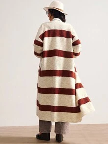 Bohemela Boho Women's Beige Autumn 90s Retro Back-To-School Long Cardigan,Vintage Loose Striped Knit Sweater,Western Country Style School Concert Vacation - Khaki - View 2