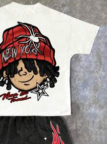 SHEIN 青少年男孩休闲简约风格涂鸦卡通肖像英文字母运动街头风格扎染Y2K短袖圆领两件套，适合夏季