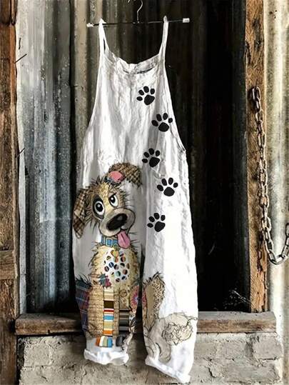 EMERY ROSE 1 pièce de combinaison décontractée pour femmes avec imprimé chien et boutons, en tissu tricoté, convenant pour toutes les saisons