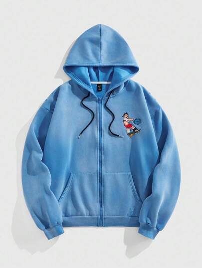 Astro Boy X ROMWE Men's Cartoon Figure Graphic Long Sleeve Zip Up Hoodie Sweatshirt , Fall Winter