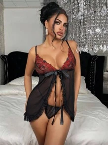 SHEIN 2pcs Women Sexy Lace Patchwork Nightgown Set, Going Out