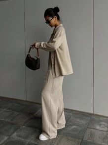 DAZY 2 Stücke Damen Lässig Vintage Münzen Muster Langarm Top und Weite Bein Hose Set Loungewear für Frauen - Aprikosenfarben - Übersicht 4