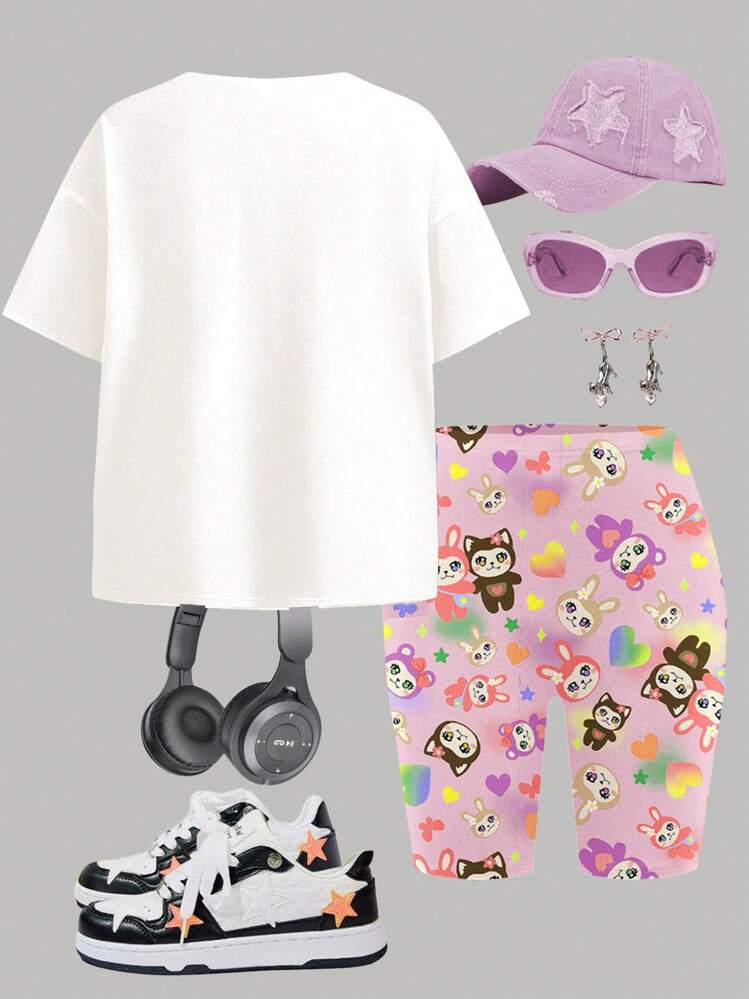 SHEIN 2pcs Cute Funny Colorful Cartoon Animal Print Casual Tween Girls Short Sleeve T-Shirt And Shorts Set, Summer - Multicolor - View 2