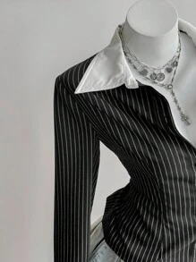 Elamini 黑色条纹亚麻面料撞色白领纽扣衬衫，复古优雅女士通勤休闲装，春秋季 - 黑色 - 查看 7