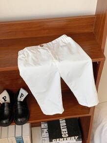 男婴白色不对称纽扣装饰松紧腰宽松绅士风裤子，适合生日派对、洗礼、1 岁生日庆祝、正式场合 - 白色 - 查看 6