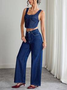 Elenzga Conjunto de top corto sin espalda y pantalones vaqueros para mujer, ideal para el día a día - Azul lavado oscuro - Ver 3